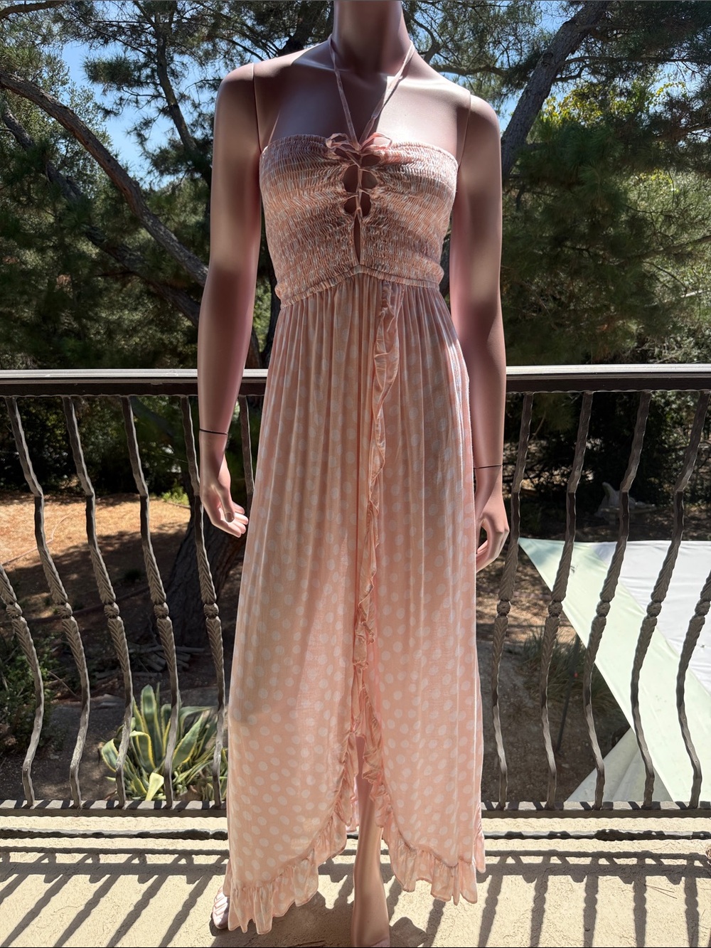 NWT Tiare Hawaii Flynn Dress polka dot peachy pink strapless -fly away O/S=XS S